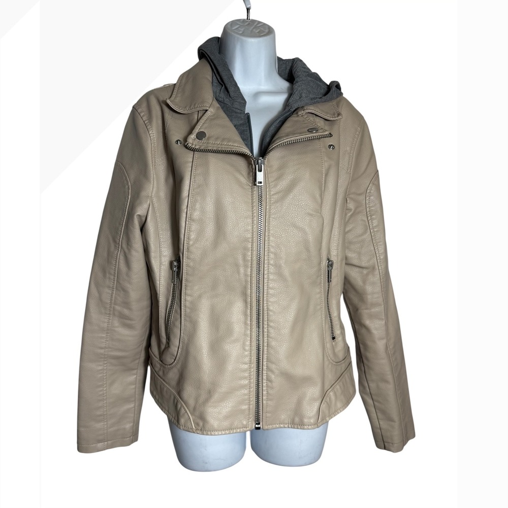 Black Rivet‎ Faux Leather Moto Jacket Women's Size XL Beige Hooded